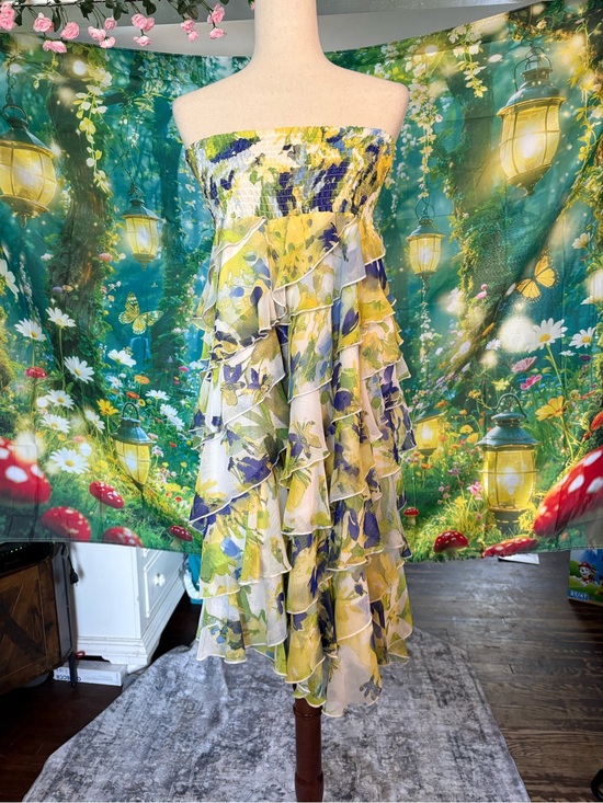 Coco Bianco Dresses & Skirts - Coco Bianco Yellow, Blue & Green Floral Ruffled Midi Skirt